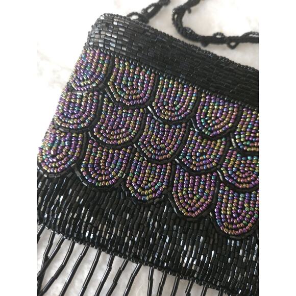 LADY JADE BLACK/RAINBOW IRRIDESCENT BEADED SMALL VINTAGE CROSSBODY PURSE BAG - Picture 3 of 9